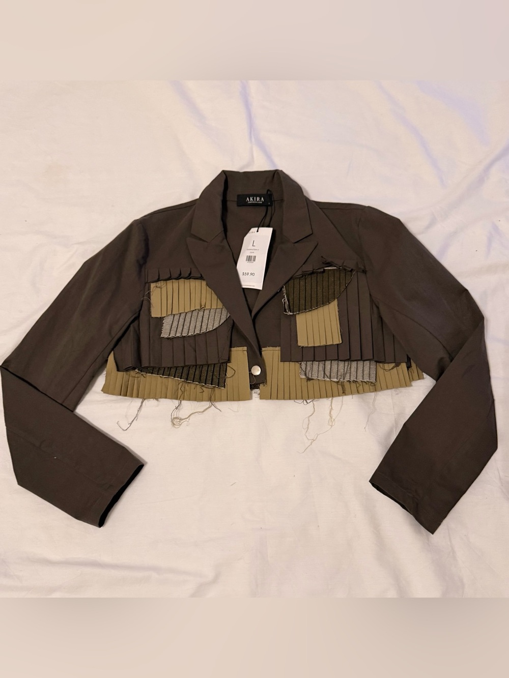AKIRA Let Me Down Slowly Olive & Khaki Cropped Fringe Pleated Blazer - Picture 2 of 9